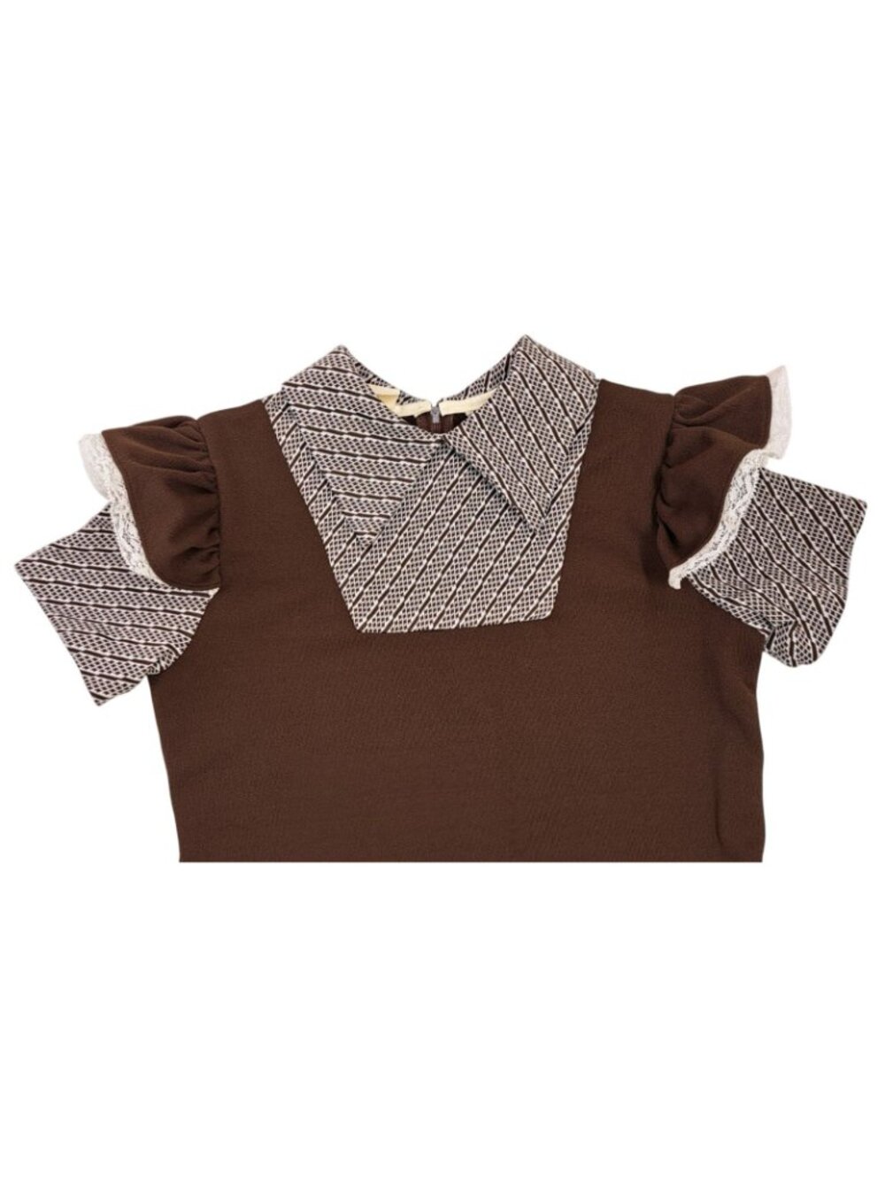 Vintage Girl Dress Polyester Brown Size 12 Lace Trimmed Sleeves Geometric Collar - Picture 6 of 10